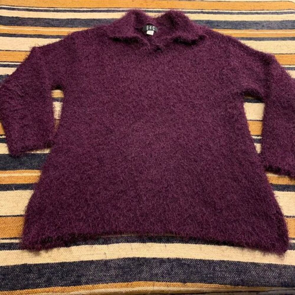 VTG Purple Fuzzy Eyelash Knit Collared V-Neck Sweater Large Whimsygoth Artsy Y2K